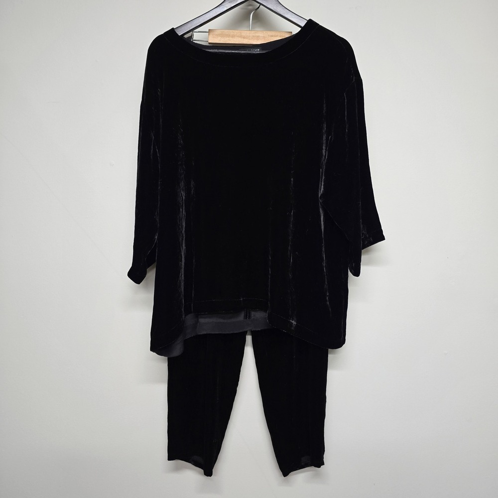 Eileen Fisher Velvet Top and Pants Set Womens PL Black Silk Blend Minimalist